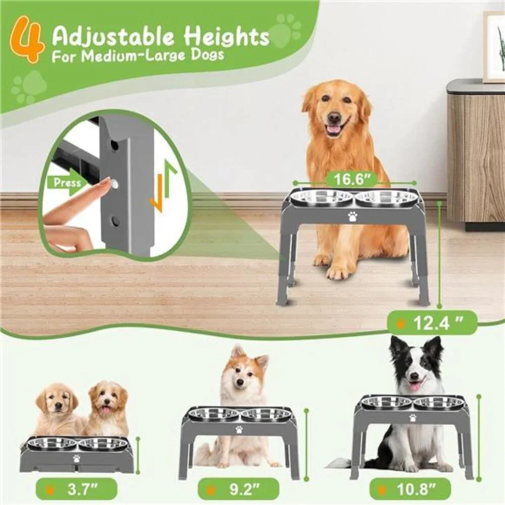 Elevated Raised Dog Bowl Stand with 2 Stainless Steel Bowls, Adjustable Height